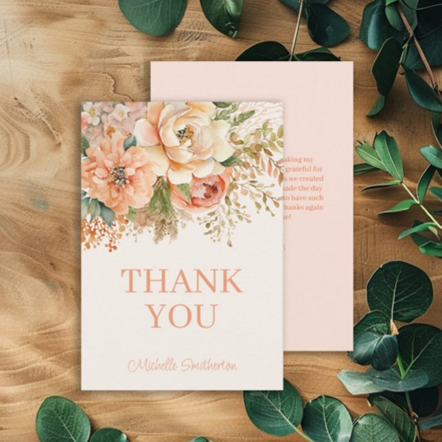Cartão De Agradecimento Elegante Creme Floral Aniversário (Peach and cream-colored watercolor floral birthday party thank you card. )