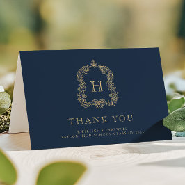 Cartão De Agradecimento Elegante Crista de Monograma Azul Marinho Dourado