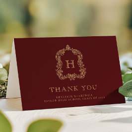 Cartão De Agradecimento Elegante Crista de Monograma Burgundy Dourado Grad