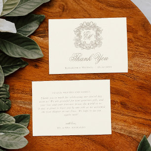 Cartão De Agradecimento Elegante Crista de Monograma de Marfim Casamento V