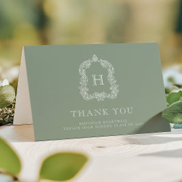 Cartão De Agradecimento Elegante Crista de Monograma em Verde Sage e Branc
