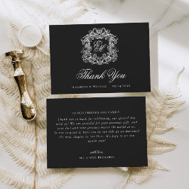 Cartão De Agradecimento Elegante Crista de Monograma Preto Casamento Vinta