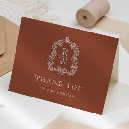 Cartão De Agradecimento Elegante Crista de Monograma Terracota Casamento