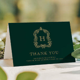 Cartão De Agradecimento Elegante Crista de Monograma Verde Escuro Dourado