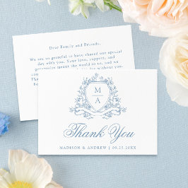 Cartão De Agradecimento Elegante Crista Floral Azul Monograma Casamento