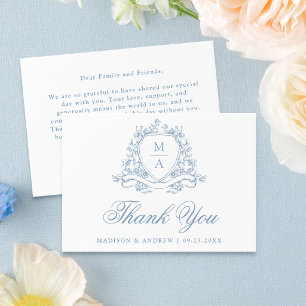 Cartão De Agradecimento Elegante Crista Floral Azul Monograma Casamento