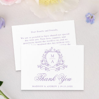 Cartão De Agradecimento Elegante Crista Floral de Lavanda Monograma Casame