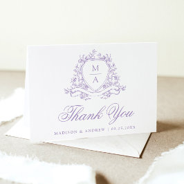 Cartão De Agradecimento Elegante Crista Floral de Lavanda Monograma Casame