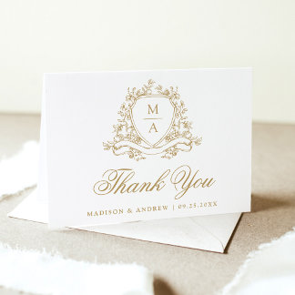 Cartão De Agradecimento Elegante Crista Floral Dourada Monograma Casamento