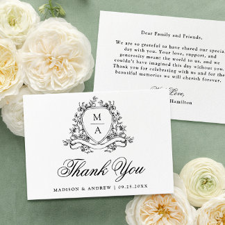 Cartão De Agradecimento Elegante Crista Floral Preta Monograma Casamento
