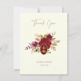 Cartão De Agradecimento Elegante Crucifixo Floral Marsala Dourado Casament