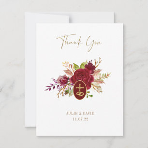 Cartão De Agradecimento Elegante Cruz de Noiva Floral Marsala Dourada
