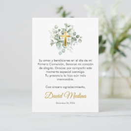 Cartão De Agradecimento Elegante Cruz Dourada com Folhas Verde de Aquarela