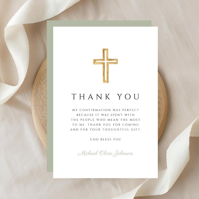 Cartão De Agradecimento Elegante Cruz Religiosa Verde Sage Confirmação (Elegant Sage Green Religious Cross Confirmation Thank You Card)