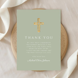 Cartão De Agradecimento Elegante Cruz Religiosa Verde Sage Primeira Comunh