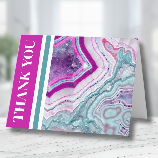 Cartão De Agradecimento Elegante de Agato Moderno (Modern Bright Teal Fuchsia Agate Geode Stone Thank You Card)