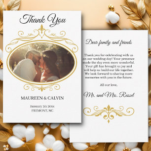 Cartão De Agradecimento Elegante Dourado Filigree em White, Casamento