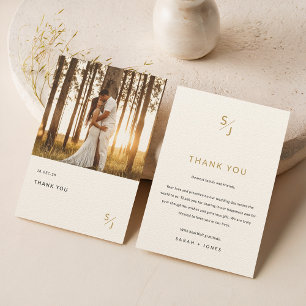 Cartão De Agradecimento Elegante Dourado Typografia Foto Wedding Ecru