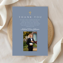 Cartão De Agradecimento Elegante Dusty Blue Católica Primeira Comunhão