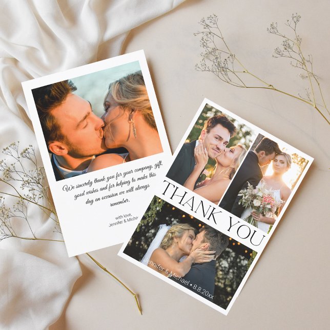 Cartão De Agradecimento elegante e simples colagem de casamento com 4 foto (Criador carregado)
