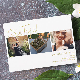 Cartão De Agradecimento Elegante Efeito Ouro Falso Grata 3 Fotos Casamento