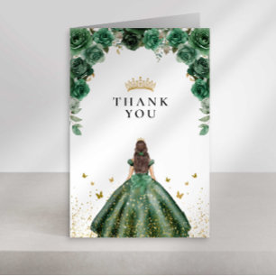 Cartão De Agradecimento Elegante Emerald Quinceañera Floral Faux Foil