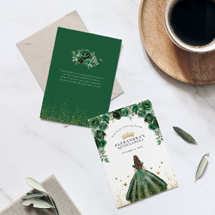 Cartão De Agradecimento Elegante Emerald Quinceañera Floral Faux Foil