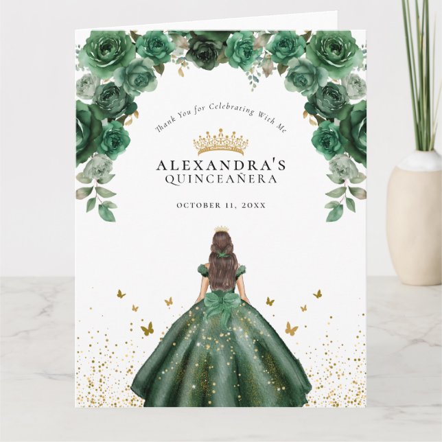 Cartão De Agradecimento Elegante Emerald Quinceañera Floral Faux Foil (Frente)