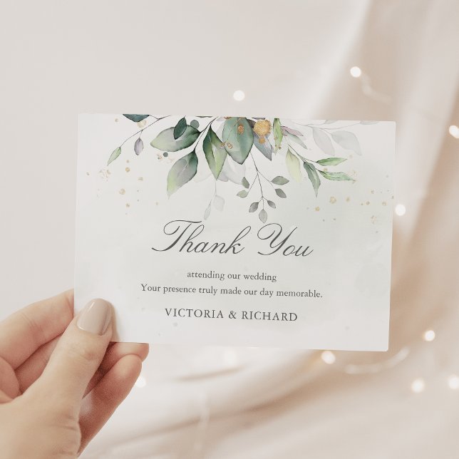 Cartão De Agradecimento Elegante Eucalyptus Deixa Casamento Dourado Verde (Criador carregado)