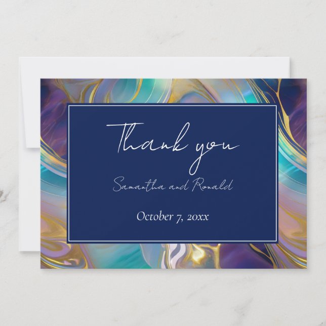 Cartão De Agradecimento Elegante Faux Dourado e Blue Opal Stone girado (Frente)