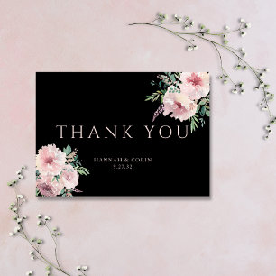 Cartão De Agradecimento Elegante Floral Aquarela Bege e Preto