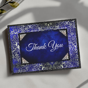 Cartão De Agradecimento Elegante floral azul real em falso prata