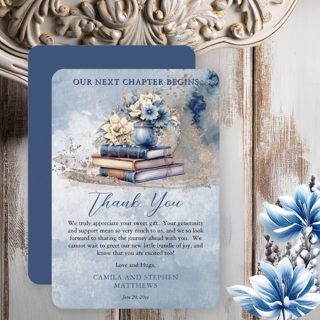Cartão De Agradecimento Elegante Floral Books Nosso Próximo Chá de fraldas (Rustic Vintage Look Elegance "Our Next Chapter Begins . . ."Old Books and Flowers Baby Shower Invite)