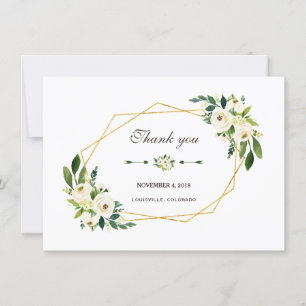 Cartão De Agradecimento Elegante Floral Branco Quadro Dourado Agradeciment