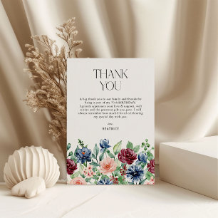 Cartão De Agradecimento Elegante Floral de Aniversário em Aquarela