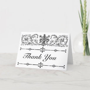 Cartão De Agradecimento Elegante Floral Estiloso Preto Branco Fleur de Lis