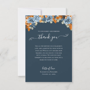 Cartão De Agradecimento Elegante Floral Outono Azul Marinho Ferrugem Casam