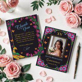 Cartão De Agradecimento Elegante Floral Peacock Folk Art Fiesta Quinceaner