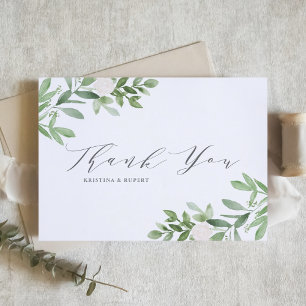 Cartão De Agradecimento Elegante Folhagem e Flores Brancas Cinza Casamento