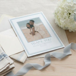 Cartão De Agradecimento Elegante Foto de Casamento Azul Moderno à Beira-Ma