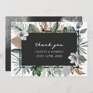 Cartão De Agradecimento Elegante Foto De Casamento Botânico Tropical Obrig