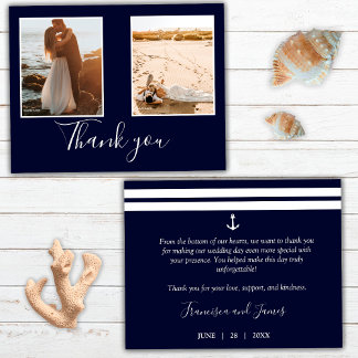 Cartão De Agradecimento Elegante Foto de Casamento com Âncora Náutica Azul