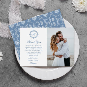 Cartão De Agradecimento Elegante Foto de Casamento com Toile de Jouy Azul