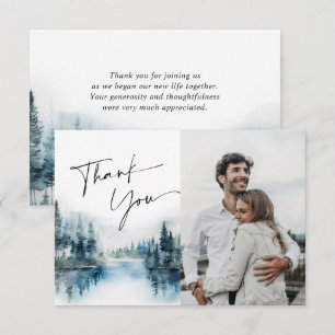 Cartão De Agradecimento Elegante Foto de Casamento em Floresta Nebulosa co
