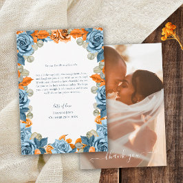 Cartão De Agradecimento Elegante Foto de Casamento em Terracota Azul Marin