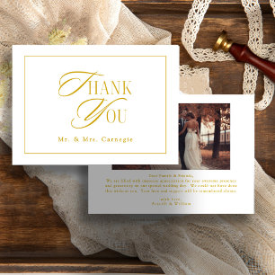 Cartão De Agradecimento Elegante Foto de Casamento em Tom Dourado com Letr