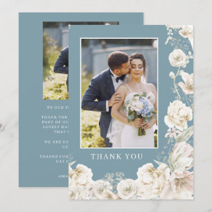 Cartão De Agradecimento Elegante Foto de Casamento Floral Azul Dourado