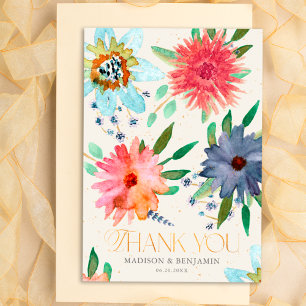 Cartão De Agradecimento Elegante Foto de Casamento Floral Bege Dourado de