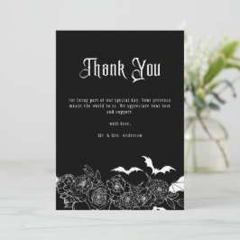 Cartão De Agradecimento Elegante Foto de Casamento Floral Gótico Preto