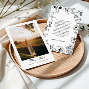 Cartão De Agradecimento Elegante Foto de Casamento Floral Preto e Branco n